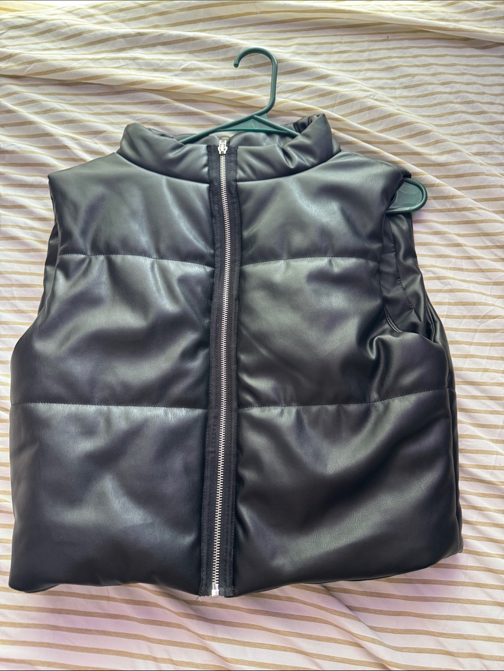 Black Leather Like Puffer Vest with Front Zip